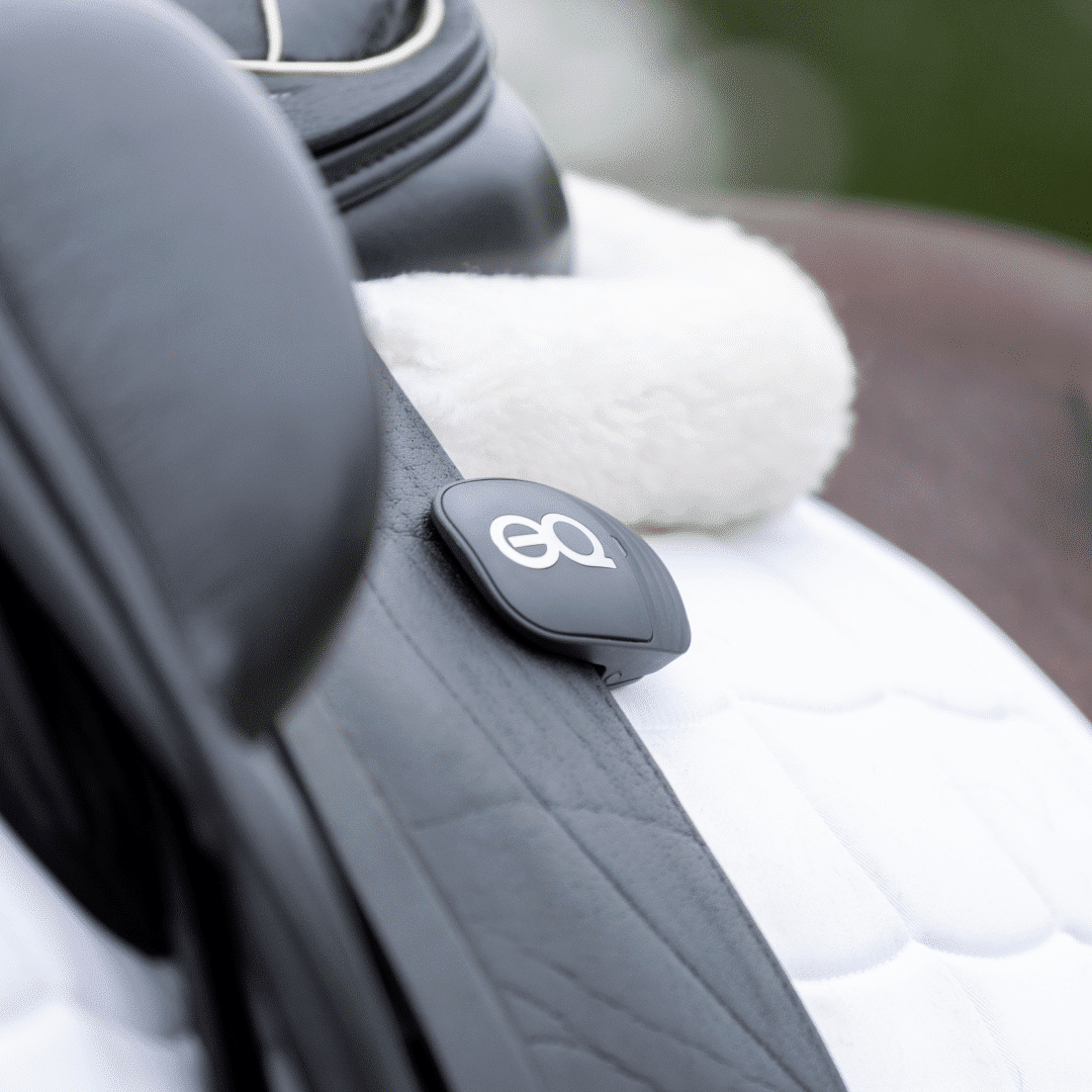 Close-up of a saddle with Equestic SaddleClip highlighting the importance of symmetry in horse training to ensure consistent muscle tone and an even saddle fit.